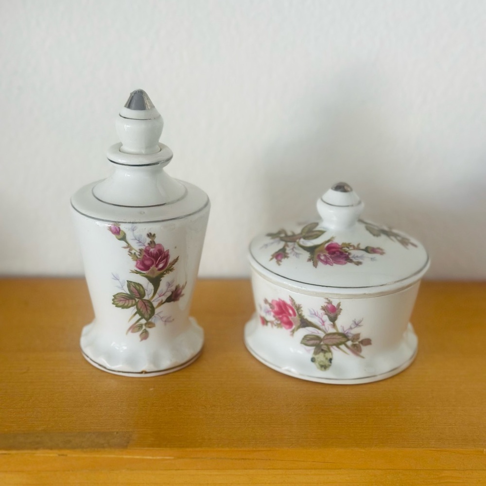 Vintage Floral Porcelain Vanity Jars - White with Pink Rose Motif